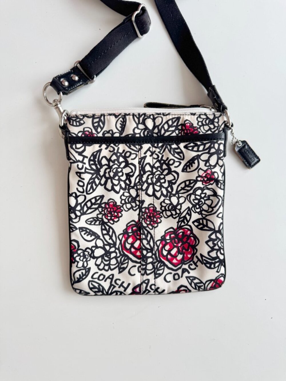 COACH White Black Floral Graffiti Nylon Leather Trim Crossbody Purse - Picture 2 of 16